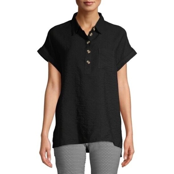 Time and Tru Women's Short Sleeve Button front Tunic Front Pocket BLACK XL NEW - Picture 1 of 10